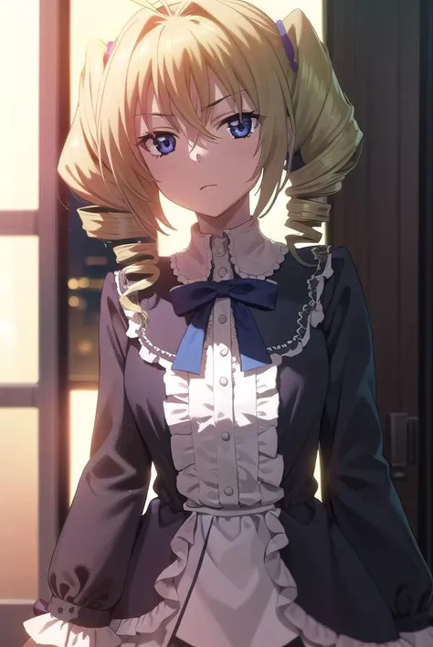 ravelphenex, <lora:ravel phenex anime s1-lora-nochekaiser:1>,
ravel phenex, blue eyes, blonde hair, twintails, drill hair, antenna hair,
BREAK dress, bow, pink dress, puffy sleeves, long sleeves, frills,
BREAK indoors, classroom,
BREAK looking at viewer, (cowboy shot:1.5),
BREAK <lyco:GoodHands-beta2:1>, (masterpiece:1.2), best quality, high resolution, unity 8k wallpaper, (illustration:0.8), (beautiful detailed eyes:1.6), extremely detailed face, perfect lighting, extremely detailed CG, (perfect hands, perfect anatomy),