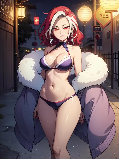 (extremely detailed CG), (best quality), 1girl, perfect face,  shiny skin, lustrous skin, wide hips, narrow waist,  <lora:SpiderLily-10:0.7> SpiderLily,multicolored hair ,white hair ,red eyes ,red hair ,two-tone hair ,breasts ,streaked hair ,red nails ,sadistic smile, evil grin, Red bikini, navel,stomach,
