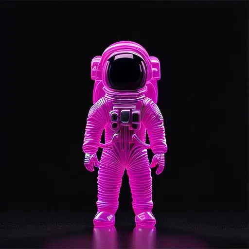 Perfect translucent gummy-textured extremely intricately detailed ultra-photorealistic brilliant hot pink astronaut against a pitch-black background, 8K ultra-high-definition, striking deep contrast, deep depth of field, deep shadows, deep chiaroscuro effect, f0.7, ISO 70,
