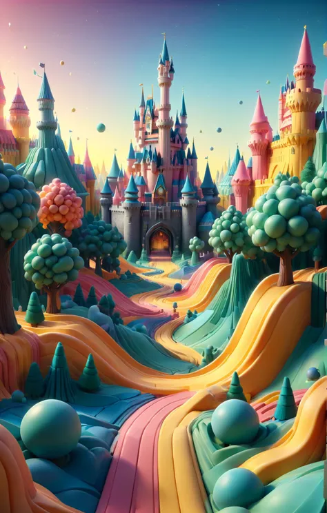 3d isometric, blender render, soft colorful-hued colors, rbbrwrld, disneyworld castle, (perspective vanishing point) <lora:rbbrwrld-000019:1> Two tone lighting, abstract geometric gradients, geometric shapes, simple background