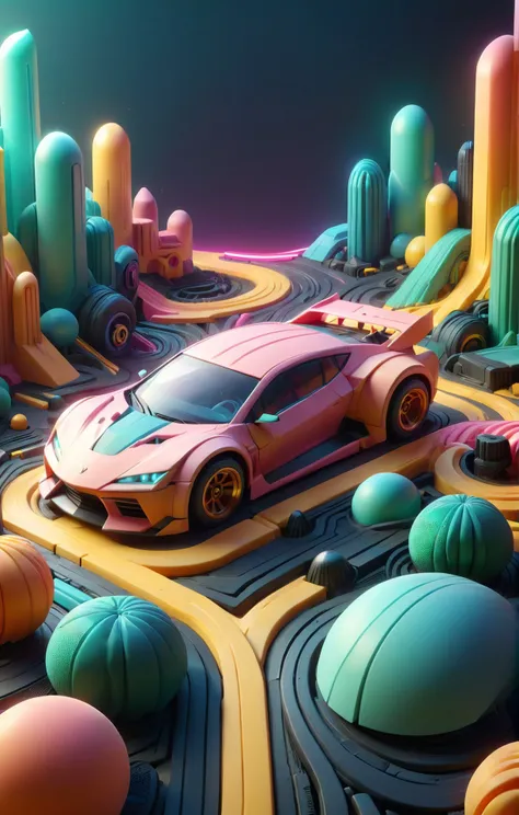 3d isometric, blender render, soft colorful-hued colors, rbbrwrld, a cyberpunk racing car made of rbbrwrld <lora:rbbrwrld-000019:1> Two tone lighting, abstract geometric gradients, geometric shapes, simple background