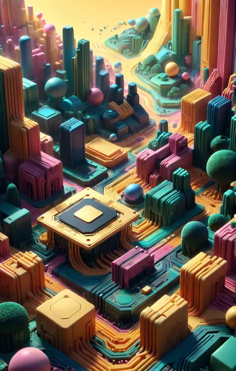3d isometric, blender render, soft colorful-hued colors, rbbrwrld, a circuitboard cityscape, ram, chip, cpu, gpu <lora:rbbrwrld-000019:1> Two tone lighting, abstract geometric gradients, geometric shapes, simple background