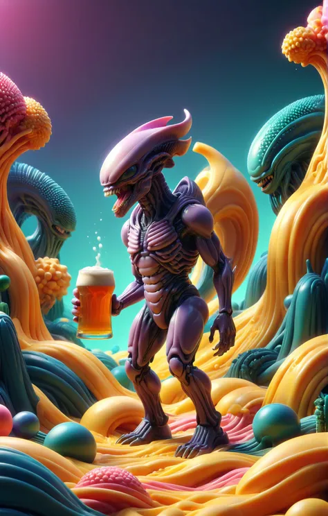3d isometric, blender render, soft colorful-hued colors, rbbrwrld, an alien xenomorph made of rbbrwrld having a beer made of rbbrwrld <lora:rbbrwrld-000019:1> Two tone lighting, abstract geometric gradients, geometric shapes, simple background