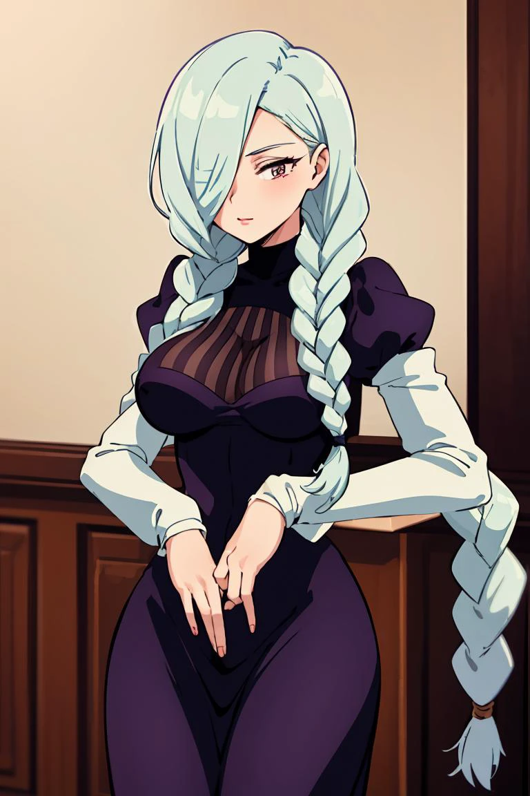 (masterpiece, best quality), 1girl, <lora:LoRA_MeiMei:0.8> meidef, purple eyes, long hair, braid, single braid, braided bangs, white hair, grey hair, hair over one eye, braided ponytail, long sleeves, breasts, dress, puffy sleeves, black dress, turtleneck dress, juliet sleeves