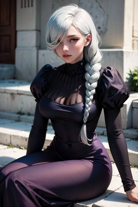 Hot woman , with grey color hair , big breast , wearing black dress , b , braided long hair , tight dress , cleavage , Russian woman, black dress , erotic
