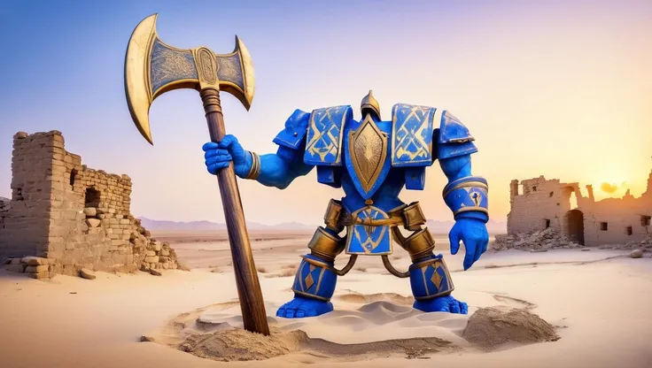a blue and gold painted drdnght machine with a large axe standing in the ruins of an old city, desert with lots of sand, sunset with a romantic atmosphere
Ultra-HD-photo-same-realistic-quality-details
<lora:Space_Marine_Dreadnought_-_Warhammer_40000_SDXL:1>