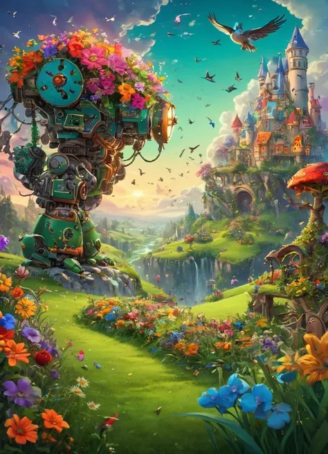 a fairytale landscape with rich and vibrant colors, soft light, a drdnght machine is picking up flowers, birds in the sky, green grass, colorful flowers everywhere, beautiful landscape,
 <lora:Space_Marine_Dreadnought_-_Warhammer_40000_SDXL:0.8> drdnght machine