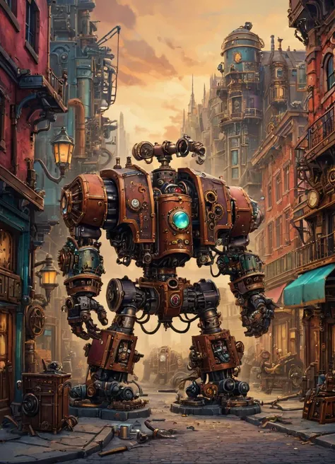 a fsteampunk image with rich and vibrant colors, a drdnght machine is repairing buildings in the street,
 <lora:Space_Marine_Dreadnought_-_Warhammer_40000_SDXL:0.8> drdnght machine