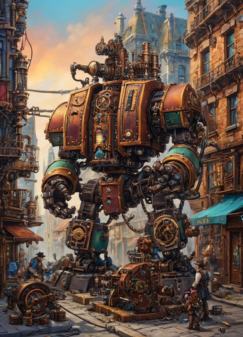 a fsteampunk image with rich and vibrant colors, a drdnght machine is repairing buildings in the street,
<lora:Space_Marine_Dreadnought_-_Warhammer_40000_SDXL:0.8> drdnght machine