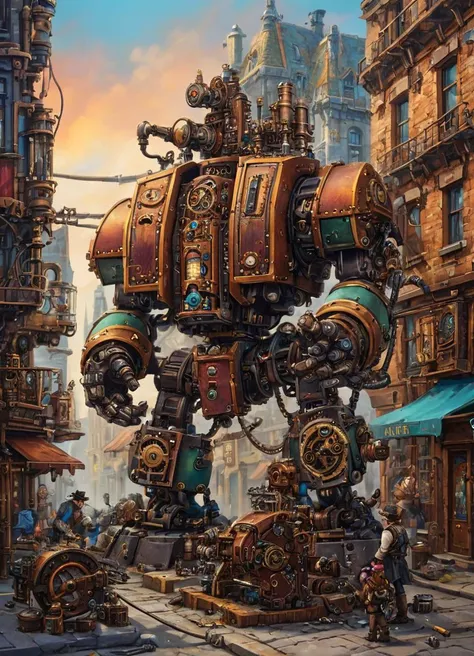 a fsteampunk image with rich and vibrant colors, a drdnght machine is repairing buildings in the street,
 <lora:Space_Marine_Dreadnought_-_Warhammer_40000_SDXL:0.8> drdnght machine