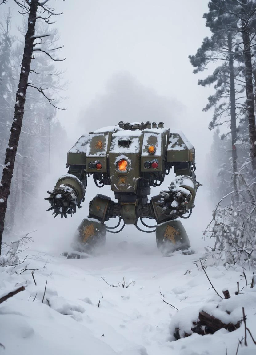 a winter landscape, a dense forest with a lot of snow, drdnght machine is standing in the snow under attack, covered in snow, heavy snowfall, close-up, poor visibility, explositions, smoke rising from the machine, fire spreading
<lora:Space_Marine_Dreadnought_-_Warhammer_40000_SDXL:0.8> drdnght machine