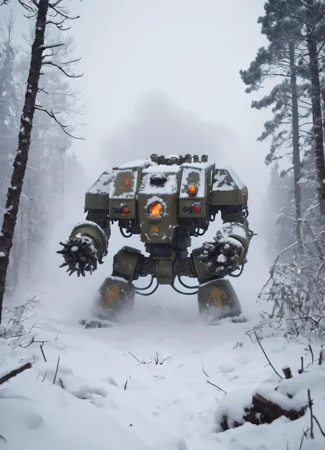 a winter landscape, a dense forest with a lot of snow, drdnght machine is standing in the snow under attack, covered in snow, heavy snowfall, close-up, poor visibility, explositions, smoke rising from the machine, fire spreading
 <lora:Space_Marine_Dreadnought_-_Warhammer_40000_SDXL:0.8> drdnght machine