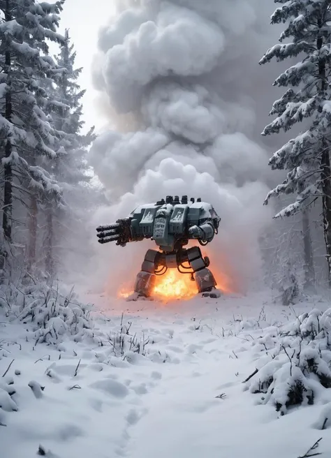 a winter landscape, a dense forest with a lot of snow, drdnght machine is standing in the snow under attack, covered in snow, heavy snowfall, close-up, poor visibility, explositions, smoke rising from the machine, fire spreading
 <lora:Space_Marine_Dreadnought_-_Warhammer_40000_SDXL:0.8> drdnght machine