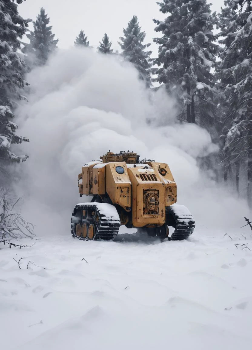 a winter landscape, a dense forest with a lot of snow, drdnght machine is standing in the snow under attack, covered in snow, heavy snowfall, close-up, poor visibility, explositions, smoke rising from the machine, fire spreading
<lora:Space_Marine_Dreadnought_-_Warhammer_40000_SDXL:0.8> drdnght machine