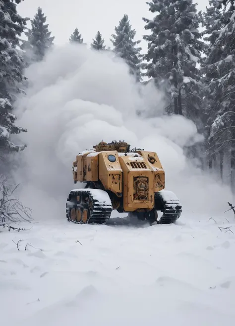 a winter landscape, a dense forest with a lot of snow, drdnght machine is standing in the snow under attack, covered in snow, heavy snowfall, close-up, poor visibility, explositions, smoke rising from the machine, fire spreading
 <lora:Space_Marine_Dreadnought_-_Warhammer_40000_SDXL:0.8> drdnght machine