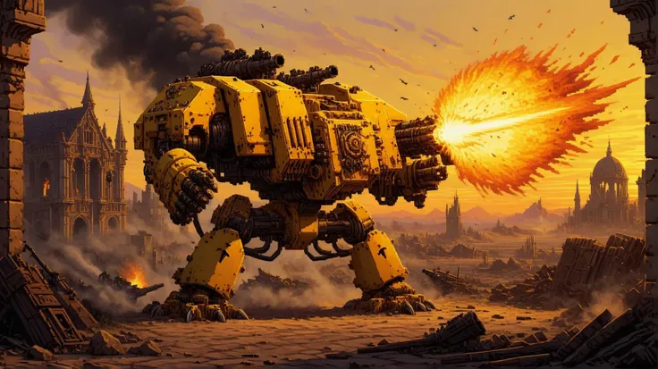 <lora:RW_pixelart_XL:0.1> pixelart style, a yellow painted drdnght machine with a large gun arm attachment, blasting, gun flare, sunset, fire and smoke, gothic architecture,  <lora:Space_Marine_Dreadnought_-_Warhammer_40000_SDXL:0.8> drdnght machine, epic war background <lora:add-detail-xl:0.5> <lora:stylesqueeze_v2_xl:0.5>