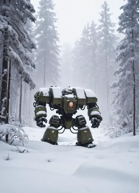 a winter landscape, a dense forest with a lot of snow, drdnght machine is standing in the snow, covered in snow, heavy snowfall, close-up, poor visibility, 
 <lora:Space_Marine_Dreadnought_-_Warhammer_40000_SDXL:0.8> drdnght machine