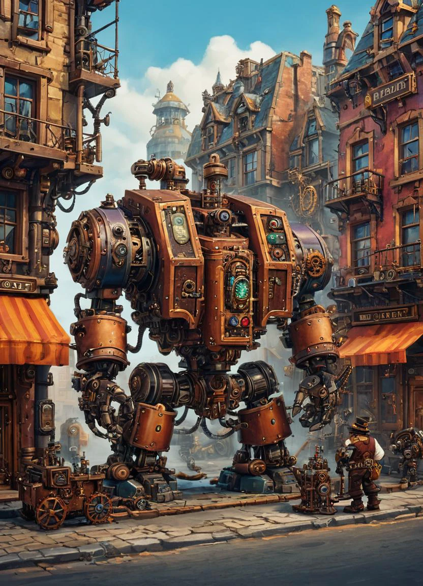 a fsteampunk image with rich and vibrant colors, a drdnght machine is repairing buildings in the street,
<lora:Space_Marine_Dreadnought_-_Warhammer_40000_SDXL:0.8> drdnght machine