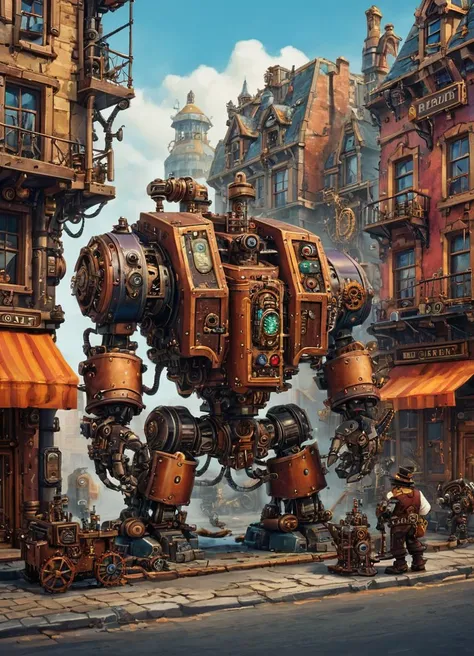 a fsteampunk image with rich and vibrant colors, a drdnght machine is repairing buildings in the street,
 <lora:Space_Marine_Dreadnought_-_Warhammer_40000_SDXL:0.8> drdnght machine