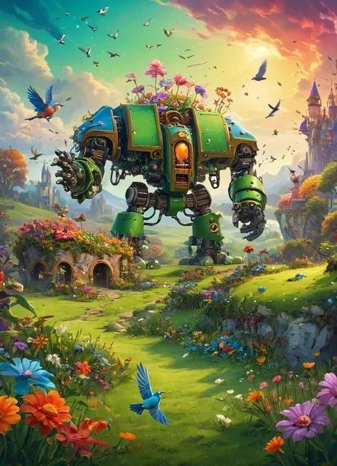 a fairytale landscape with rich and vibrant colors, soft light, a drdnght machine is picking up flowers, birds in the sky, green grass, colorful flowers everywhere, beautiful landscape,
 <lora:Space_Marine_Dreadnought_-_Warhammer_40000_SDXL:0.8> drdnght machine