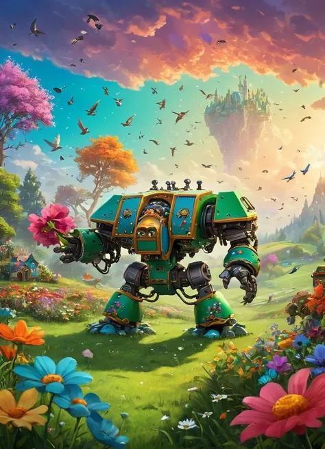 a fairytale landscape with rich and vibrant colors, soft light, a drdnght machine is picking up flowers, birds in the sky, green grass, colorful flowers everywhere, beautiful landscape,
 <lora:Space_Marine_Dreadnought_-_Warhammer_40000_SDXL:0.8> drdnght machine