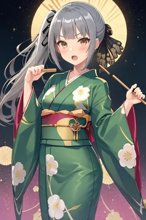 best quality, masterpiece, highres, solo, {kasumi_kantaicollection:1.15}, grey_hair, long_hair, side_ponytail, ribbon, brown_eyes, hair_ribbon, blush, black_ribbon, 1girl, alternate_costume, floral_print, japanese_clothes, kimono, looking_at_viewer, yukata, upper_body, green_kimono, long_sleeves, obi, open_mouth, sash