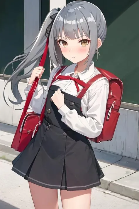 best quality, masterpiece, highres, solo, {kasumi_kantaicollection:1.15}, grey_hair, long_hair, side_ponytail, ribbon, brown_eyes, hair_ribbon, blush, black_ribbon, 1girl, backpack, bag, dress, pinafore_dress, school_uniform, shirt, long_sleeves, looking_at_viewer, simple_background, randoseru