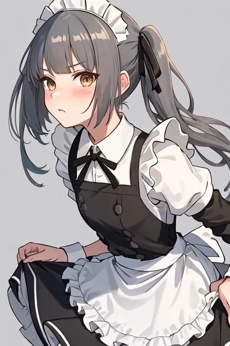 best quality, masterpiece, highres, solo, {maid:1.40}, {long maid dress:1.15}, {kasumi_kantaicollection:1.15}, grey_hair, long_hair, side_ponytail, ribbon, brown_eyes, hair_ribbon, blush, black_ribbon