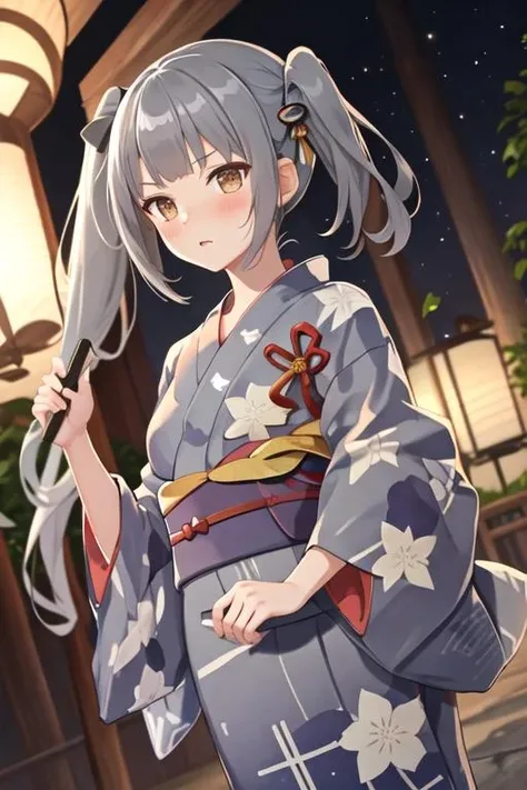 best quality, masterpiece, highres, solo, {yukata:1.40}, {kimono:1.20}, {kasumi_kantaicollection:1.15}, grey_hair, long_hair, side_ponytail, ribbon, brown_eyes, hair_ribbon, blush, black_ribbon