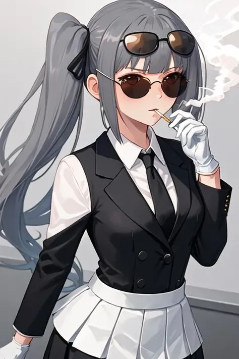 best quality, masterpiece, highres, solo, {black business suit:1.40}, {tie:1.20}, {sunglasses:1.25}, {white gloves:1.15}, {white shirt:1.10}, {black skirt:1.15}, {smoking:1.20}, handsome, {kasumi_kantaicollection:1.15}, grey_hair, long_hair, side_ponytail, ribbon, brown_eyes, hair_ribbon, blush, black_ribbon