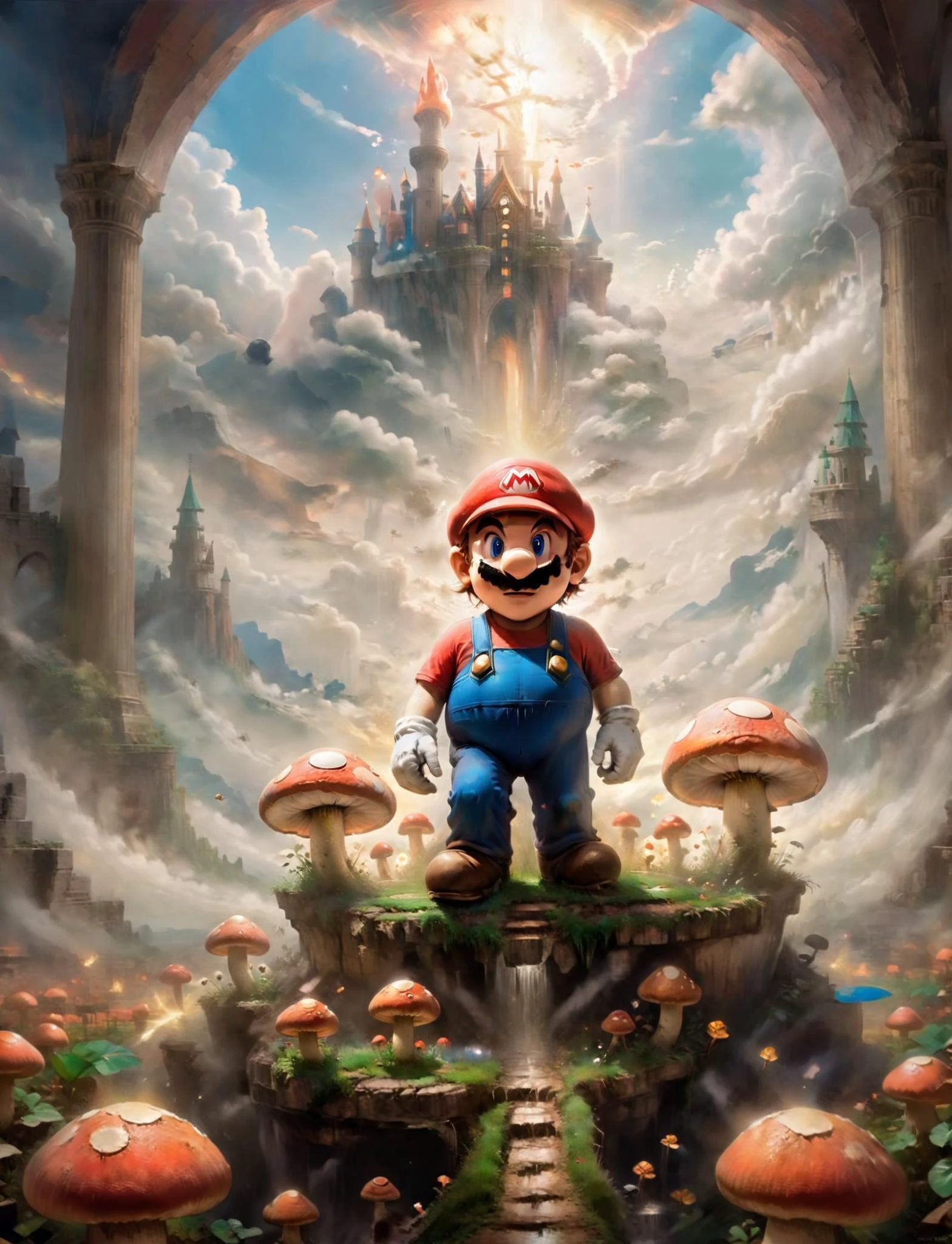 An oil painting depicting of Mario holding a mushroom in the mushroom kingdom, castle, heavenly aura, , divinity, SMB Artstyle, masterpiece, ethereal, holy <lora:godoil:0.8>, <lora:SMB Artstyle - V1 - Trigger is SMB Artstyle:0.8>