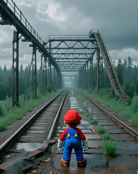 <lora:SMB Artstyle - V1 - Trigger is SMB Artstyle:1> smb artstyle, Film scene showcasing smb artstyle , navigating a dilapidated roller coaster track on foot, under overcast skies, shot from a low angle, portraying a journey through forgotten thrills.