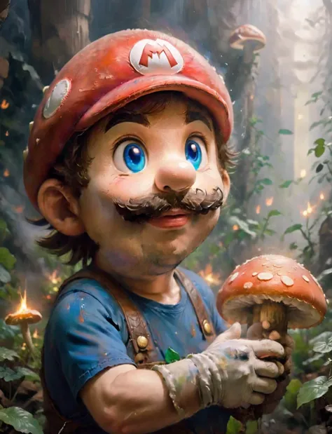 An oil painting depicting of Mario holding a mushroom in the mushroom kingdom, heavenly aura, , divinity, SMB Artstyle, masterpiece, ethereal, holy  <lora:godoil:0.8>, <lora:SMB Artstyle - V1 - Trigger is SMB Artstyle:0.8>