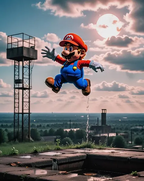 <lora:SMB Artstyle - V1 - Trigger is SMB Artstyle:1> smb artstyle,    Film scene showcasing smb artstyle , perched atop an abandoned high dive in a drained pool, with graffiti art as the backdrop, taken in silhouette against the evening sky, reflecting on the memories of splashes.