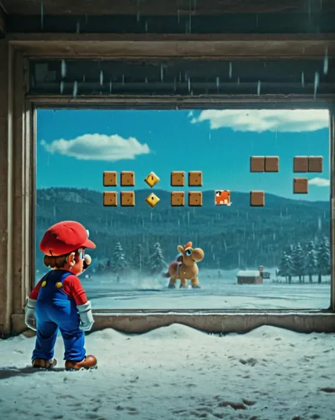 <lora:SMB Artstyle - V1 - Trigger is SMB Artstyle:1> smb artstyle,    Movie moment with smb artstyle , coming across a forgotten carousel, with paint-chipped horses frozen mid-gallop, under diffused sunlight, shot from eye level, conveying halted time.