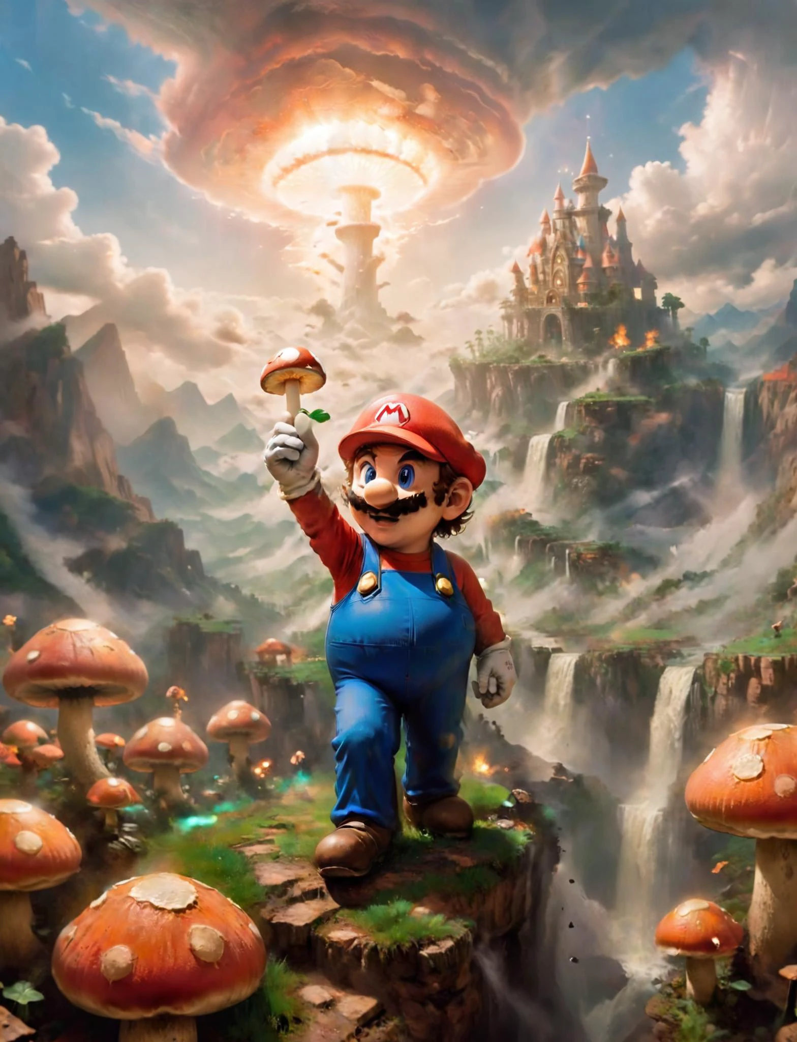 An oil painting depicting of Mario holding a mushroom in the mushroom kingdom, heavenly aura, , divinity, SMB Artstyle, masterpiece, ethereal, holy <lora:godoil:0.8>, <lora:SMB Artstyle - V1 - Trigger is SMB Artstyle:0.8>
