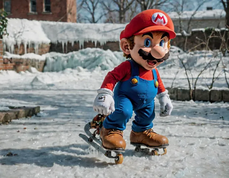 <lora:SMB Artstyle - V1 - Trigger is SMB Artstyle:1>, , smb discovers a pair of skates that freeze any surface they skate on, creating icy paths  BREAK Deathrock, Tilt-Shift Focus. Brunchtime