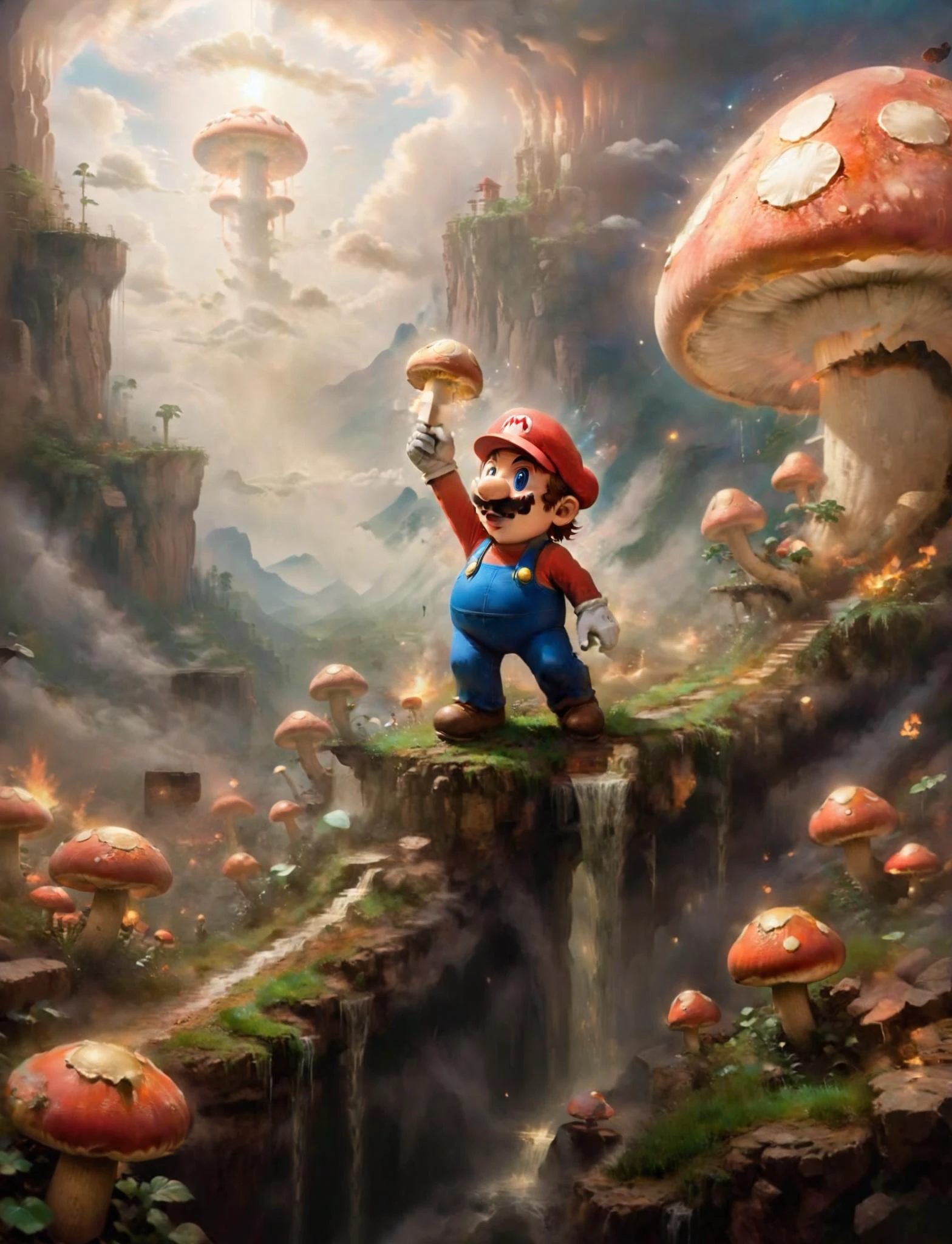 An oil painting depicting of Mario holding a mushroom in the mushroom kingdom, heavenly aura, , divinity, SMB Artstyle, masterpiece, ethereal, holy <lora:godoil:0.8>, <lora:SMB Artstyle - V1 - Trigger is SMB Artstyle:0.8>