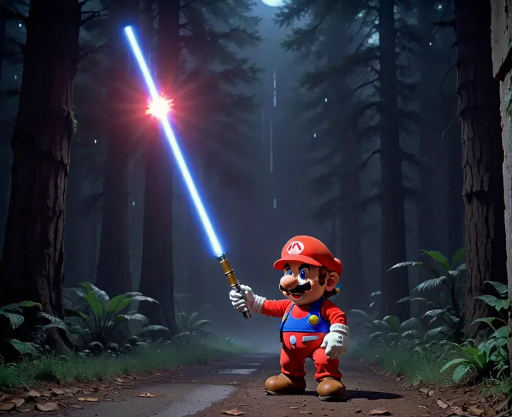 <lora:SMB Artstyle - V1 - Trigger is SMB Artstyle:1>, , mantra, procedural generation, Nintendo gameplay, BREAK A remake of the movie Star Wars IV A New hope, smb artstyle, low wide shot, using light sabers on mouth, after midnight, dark, illumination from light sabre.