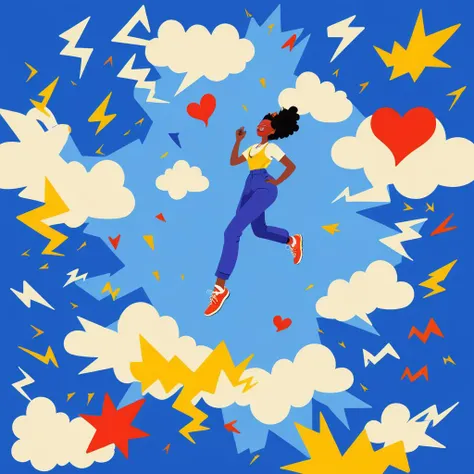 artistic 2d illustration, person smiling, ((fntv1 style:1.4)), clouds, shapes, hearts, lightning, illustration, cartoon, 2d, (vector art:1.4), flat vector illustrations, (organic shapes:1.2), wedha pop art, corporate memphis, drawing, organic shapes, digital art, artistic, vivid colors, local colors <lora:fntv1:1>