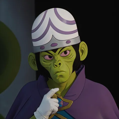 photo of a monkey, green skin color, blue outfit, white gloves, purple cape, helmet, highly detailed, best quality, masterpiece, DSLR, 8K <lora:mojojojo98_V10:0.65>