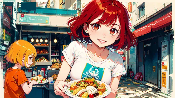 (masterpiece), (best quality), highres, highly detailed, an extremely delicate and beautiful, absurdres, highres, (wide_shot:1.2), solo_focus, 1 girl, solo, [tiny:medium:0.7] breasts, pale red hair, (short hair), (wavy hair ends), beautiful red eyes, ruby textured pupils, (smiley and round eyes),
leaning_forward, happy, observing the bustling street, delicious dishes, mouth-watering, diverse cuisine, tempting food, food exploration, vibrant colors, enticing presentations, aromatic flavors, culinary diversity, people's reactions, casual T-shirts, cutoffs, hairpin, <lora:flat2:0.6>, <lora:ixy:0.4>,