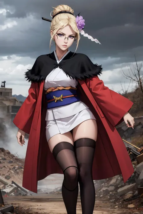 masterpiece, best quality, <lora:mashiro-nvwls-v1-000009:0.7> mashiro, purple eyes, glasses, single hair bun, hair ornament, hair flower, black capelet, red coat, white kimono, sash, thighhighs, looking at viewer, fighting stance, serious, wasteland, grey sky