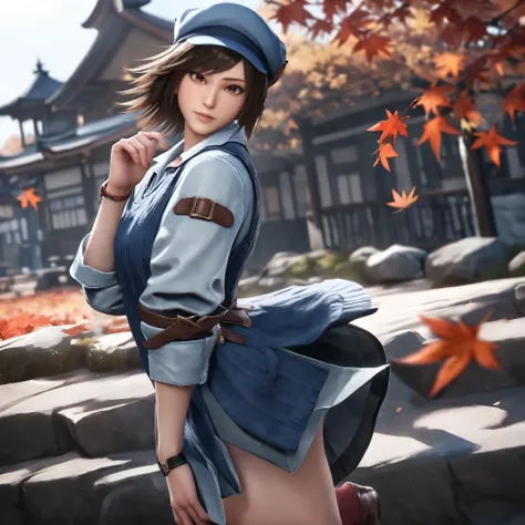 masterpiece, best quality, very aesthetic, absurdres, 1girl, asuka, brown hair, looking at viewer, hat, brown eyes, maple leaf, wind lift, socks, from side, short hair, hand up,  <lora:asuka_animagineXLV31:0.7>  <lora:lily_style_xl:0.7>