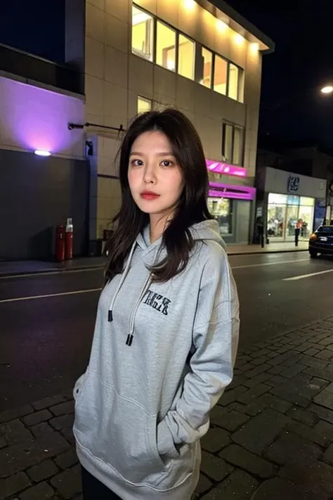 Fujifilm XT3, 8k,close up photo, masterpiece, best quality, (((1girl))), solo,realistic, ((looking at viewer)), photorealistic, (extremely detailed face), looking at viewer, ((ultra-detailed eyes and pupils)), ultra detailed, serious expression, ((standing city street at night)), hoodie, long sleeves, (arms behind back), <lora:yurilorashy:1>