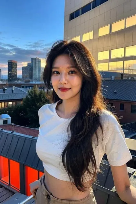 Fujifilm XT3, 8k,close up photo, masterpiece, best quality, (((1girl))), solo,realistic, ((looking at viewer)), photorealistic, (extremely detailed face), looking at viewer, ((ultra-detailed eyes and pupils)), ultra detailed, serious expression, cropped top,shirts, ((standing against a city skyline at night)), (rooftop), crop top, ((navel)), arms behind back, high ponytail, smile, <lora:sooyounglorashy:1>