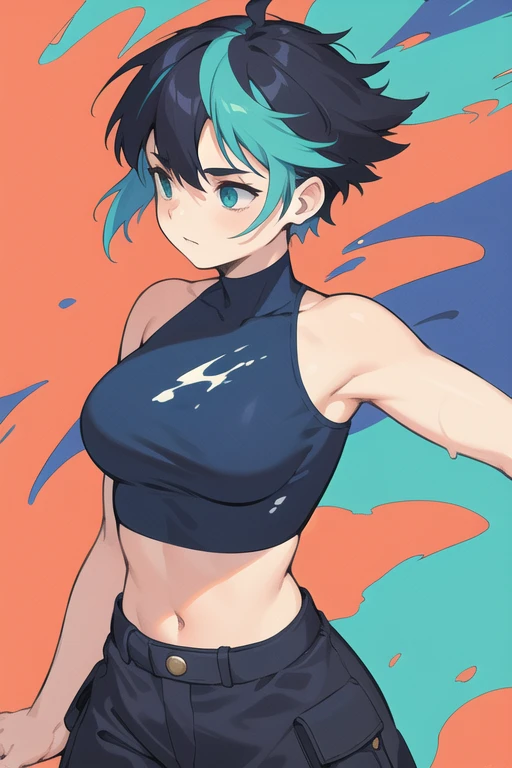 samdoesarts style award winning half body portrait of a beautiful woman in a croptop and cargo pants with ombre navy blue teal hairstyle with head in motion and hair flying, paint splashes, splatter, outrun, vaporware, shaded flat illustration, digital art, trending on artstation, highly detailed, fine detail, intricate