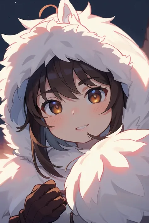 Original Characters, Best Shadows, Deep Depth Of Field, Sharp Focus, Portrait Of Stunningly Beautiful Petite Girl, Soft Delicate Beautiful Attractive Face With Alluring Brown Eyes, Lovely Small Breasts, Sharp Eyeliner, Seductive Smiling, Close Mouth, Windswept Disheveled Brown Hair, Thick Layered Medium Hairstyles, Blush Eyeshadow With Thick Eyelashes, Parted Lips, (Eskimos Tribal Fur-Parka With Fur-hood And Fur-Gloves:1.1), [Glittering Night Sky], (Only One Hope Light In Girl Hands:1.25), (Highest Quality, Amazing Details:1.4), Masterpiece, Bloom, Picturesque, Focus With Light