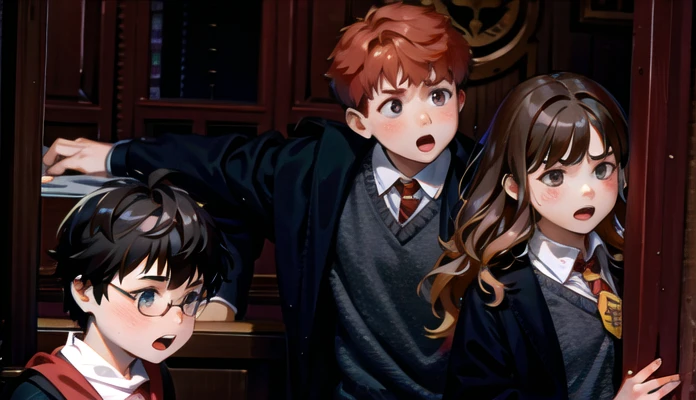 three young children are posing for a picture together in front of a door, harry potter, hermione granger, ron weasley, wizard school, mage, best quality,illustration,masterpiece, best quality,beautiful detailed eyes, trending, professional, ultra realistic, detailed, best quality,detailed, symmetrical, best quality, finely detailed skin, sharp focus, cinematic lighting, anime