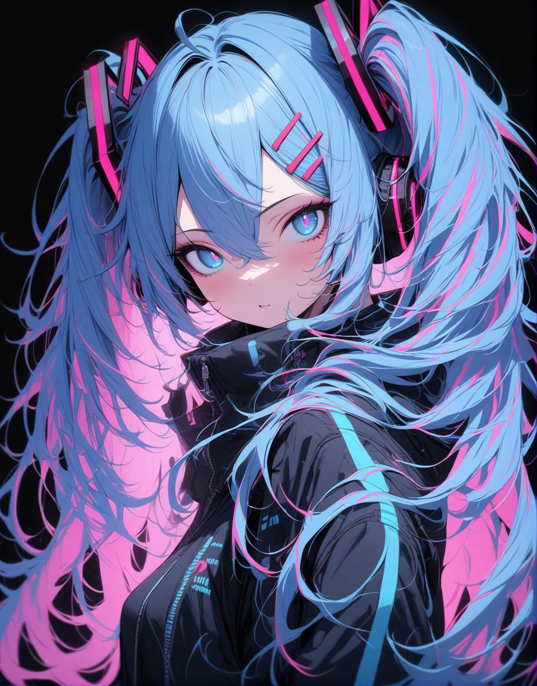 <lora:NEONIA:1>
neonia ,1girl , miku ,blue hair, dark , pink neon hair highlight, blue neon power , simple background , (blue neon eyes:1.2) , devil eyes, 4k , masterpiece